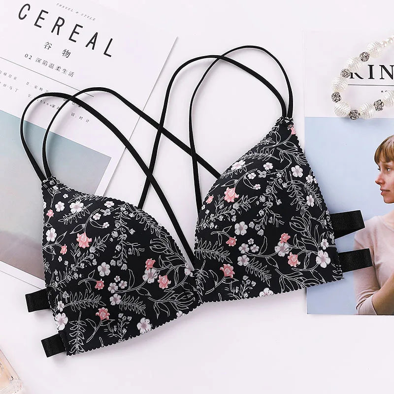 Women Flower Printed Bras Front Buckle Wireless Bralette Sexy Lingerie Comfort Push Up Floral Bras