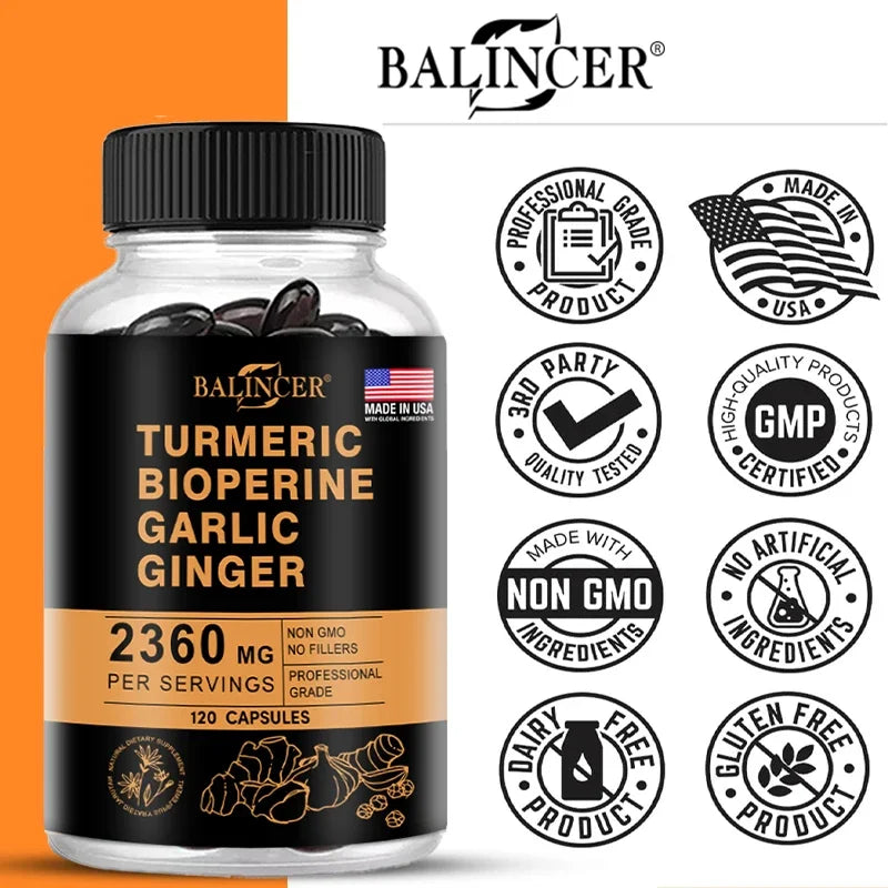 4-in-1 Turmeric Ginger Supplement with Pepperin 2360 Mg with Garlic Curcumin Black Pepper, for Joint, Digestive & Immune Support