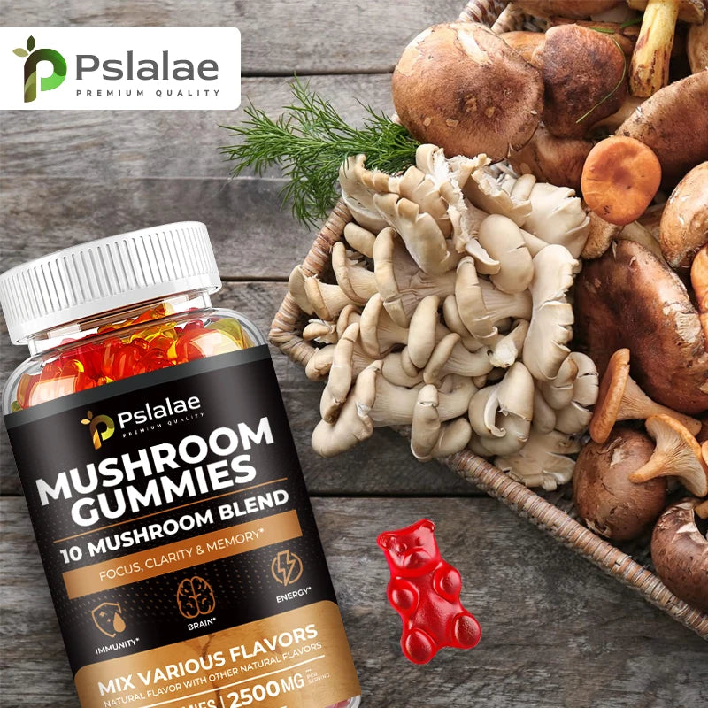 Mushroom Gummies - 10 Mushroom Blend - Natural Stress & Mood Support, Enhance Brain, Memory & Focus, Immune