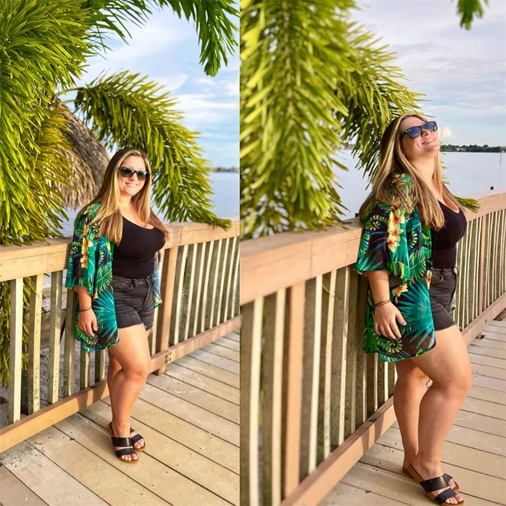 Women'S Summer Beach Kimono Cardigan Floral Print Chiffon Loose Top Bikini Cover Up Sexy Transparent Shawl Oversize Cardigan