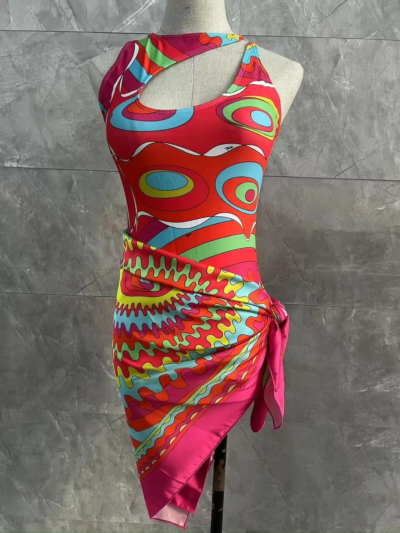 Women Swimsuit Split Swimsuit Bikini Striped Geometry Pattern One-Piece Swimsuit