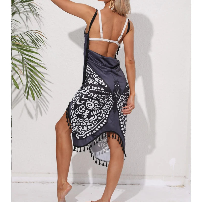 Women Bikini Sexy Butterfly Print Cover Up Swimwear Women Dress Summer Tunic Bath Sarong Wrap Skirt Swimsuit Elegant Beachwear