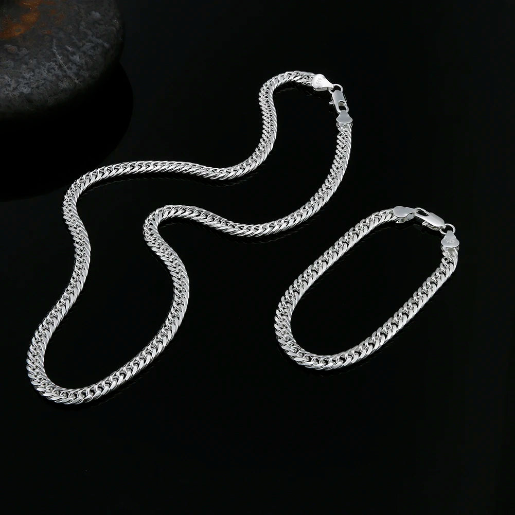 Fashion Original Brand 925 Stamped Silver Man 6MM Geometric Chain Bracelets Neckalces for Women Party Wedding Jewelry Sets
