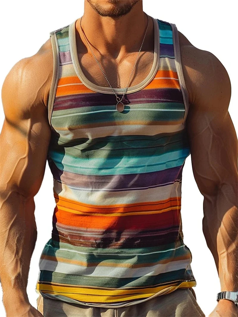 Retro Striped Graphic Tank Tops For Men Fashion Casual Summer Sleeveless 3D Printed Vest Loose Crew Neck Quick Dry Sports Tees