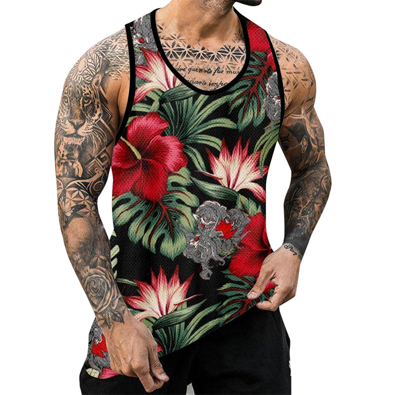 Palm Tree Graphic Tank Top For Men 3D Print Sleeveless Beach Hemp Palm Pattern Tops Paint Vest Hawaii Colorful Pigment T-shirt