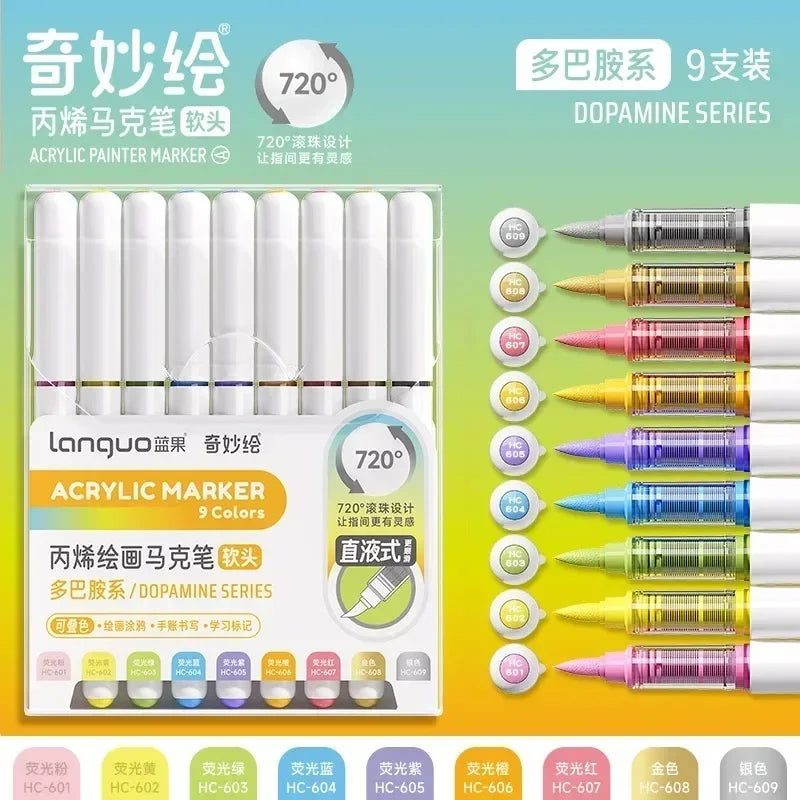 171/9 Direct Liquid Acrylic Art Markers Paint Pens Brush Color Marker for Rock Painting Stone Glass DIY Art Supplies Stationery