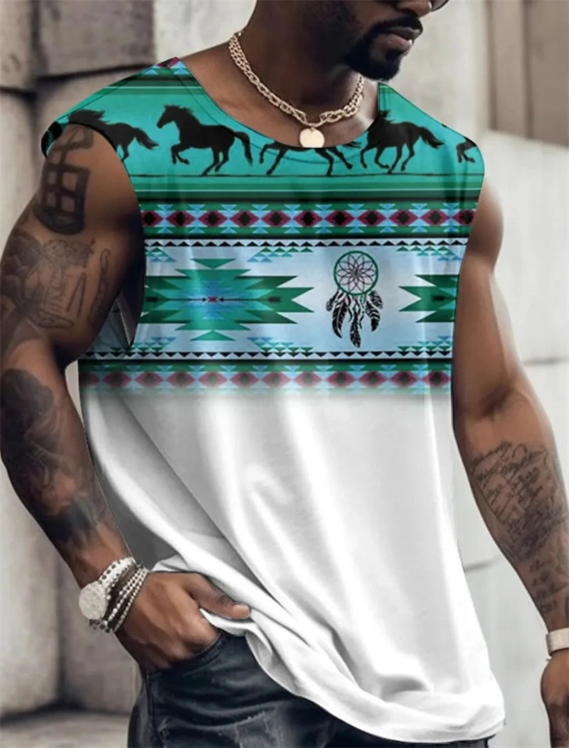 Men's Sleeveless T-Shirts Patterned Colorblocking 3D Printed Y2k Clothing Harajuku Casual Vest Daily Fitness Ethnic Print Tops