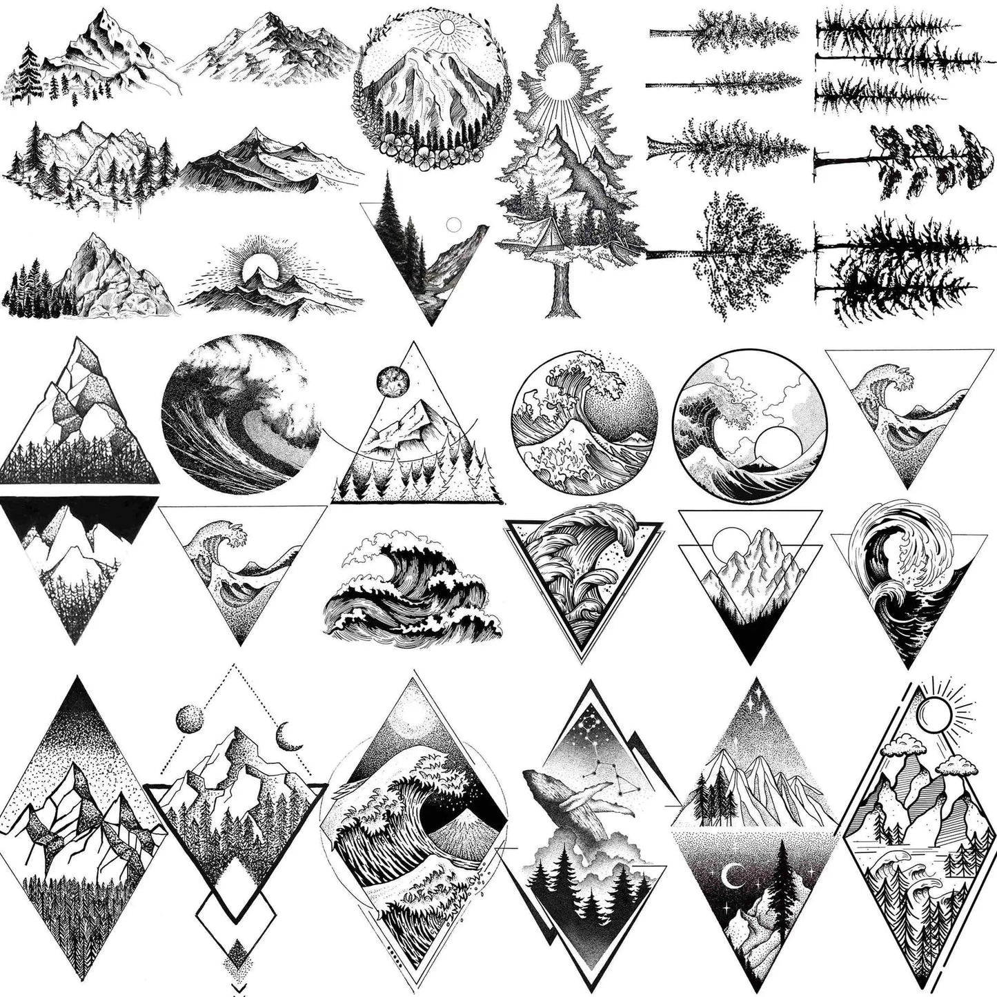 18 Sheets Geometry Mountain Temporary Tattoos For Men Women Adults Fake Waves Tattoo Sticker Black 3D Pine Tree Tatoos Triangle
