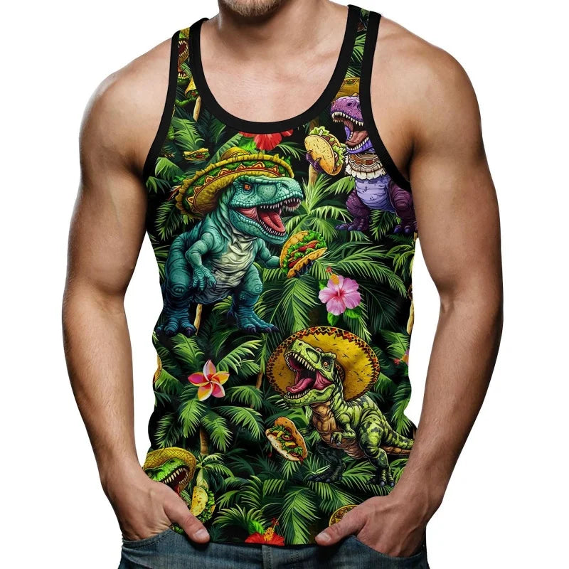 Car Dinosaur Pattern Tank Tops For Men Coconut Tree 3D Printed Tees Summer Casual Loose Tops Street Sports Round Neck Vest