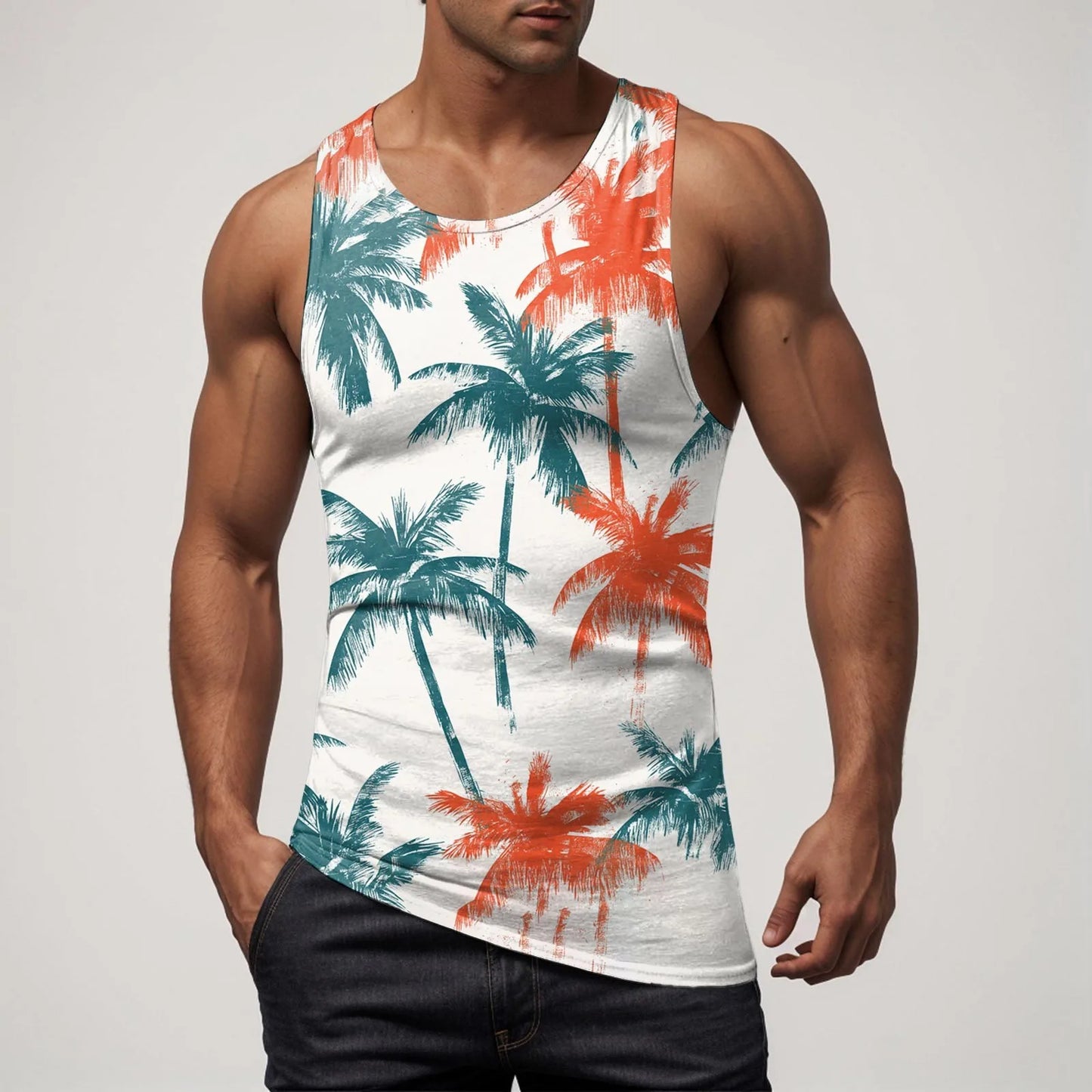 Men Vest Casual Comfortable Soft Breathable Fashion Printed Beach Tank Top Compression Hawaiian Vacation Pullover Plus Size