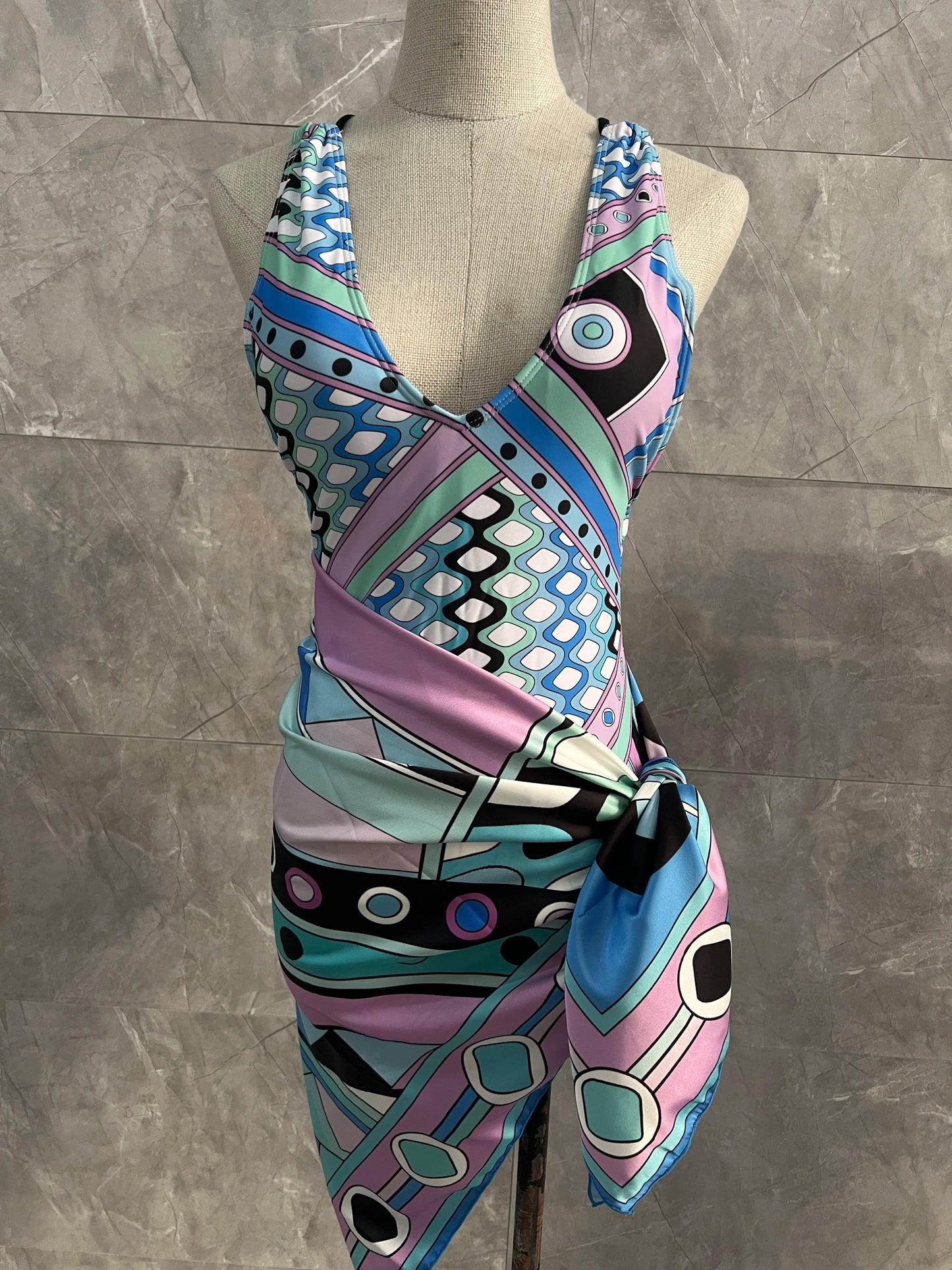 Women Swimsuit Split Swimsuit Bikini Striped Geometry Pattern One-Piece Swimsuit