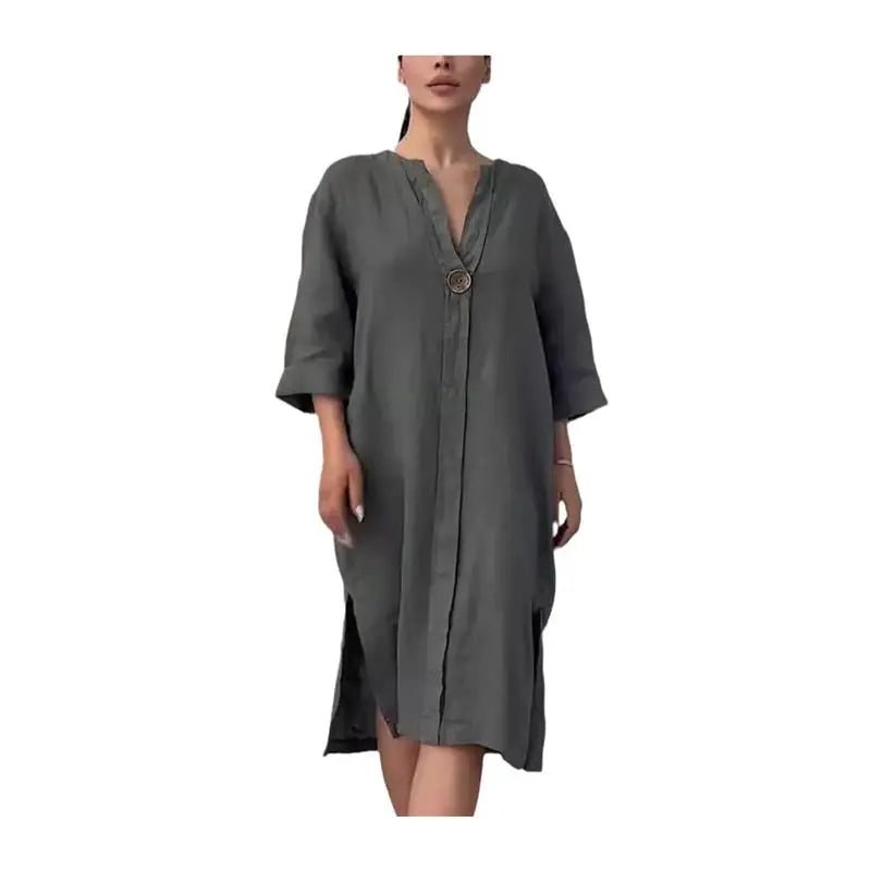 Women's Casual Button-Up Linen irt Long Ne round Color Blo Pet Clothing Accories