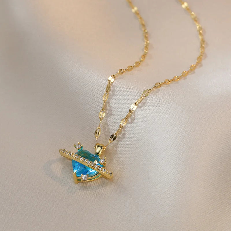 ZAKOL Gorgeous Colorful Zircon Love Heart Pendant Necklace For Women Fashion Stainless Steel Neck Chain Jewelry Gift