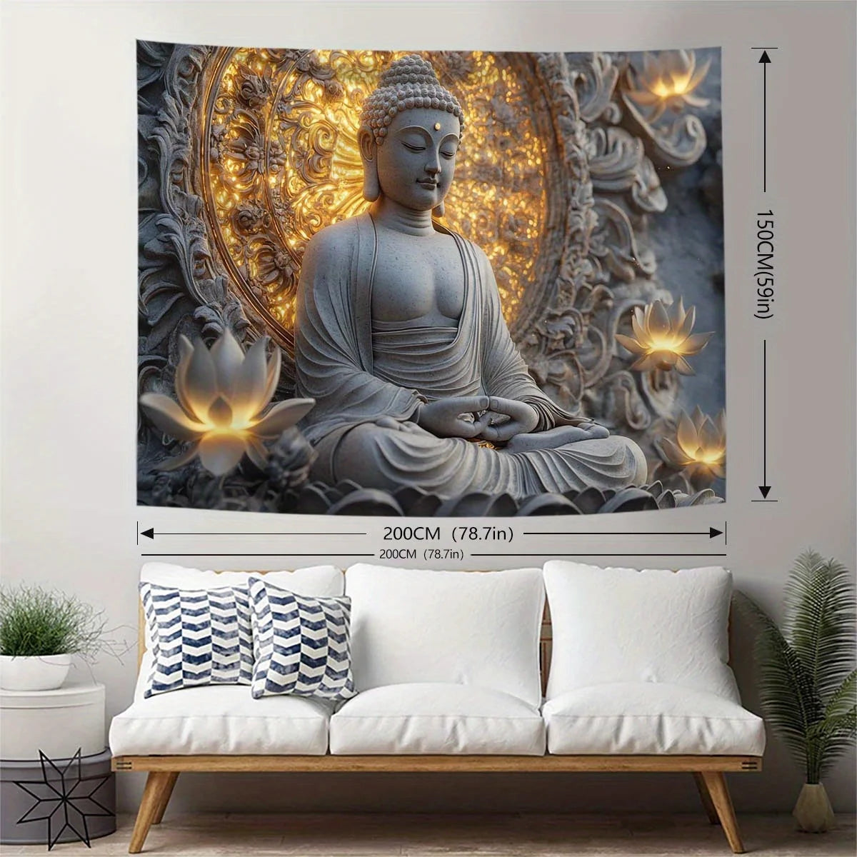 1pc Giant Spiritual Buddha Statue and Lotus Tapestry Wall Hanging - Polyester Peach Light Beige Fabric for Living Room, Bedroom