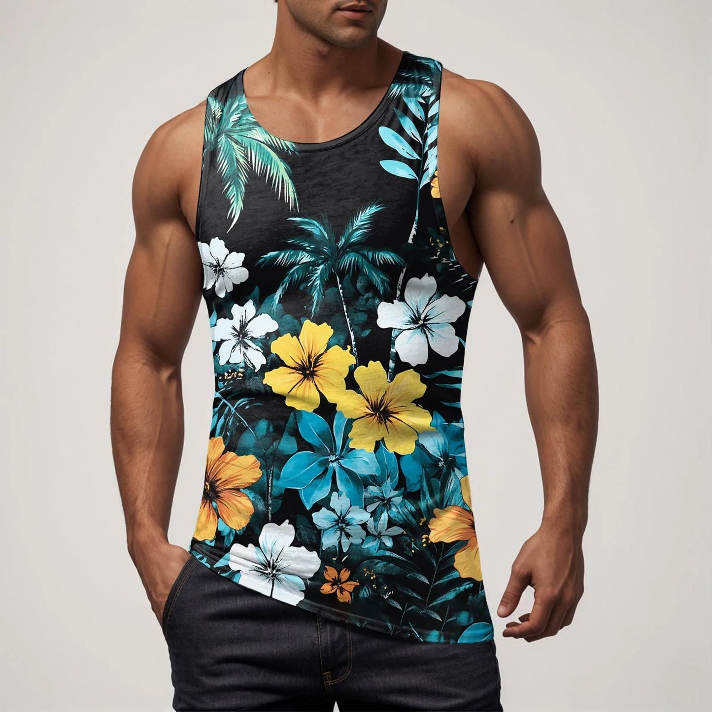 Men Vest Casual Comfortable Soft Breathable Fashion Printed Beach Tank Top Compression Hawaiian Vacation Pullover Plus Size
