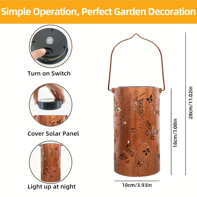 1pc Led Solar Light Solar Hanging Lantern Butterfly Solar Iron Art Lantern Decorative Pathway Lamp Outdoor Metal Hollow Lights