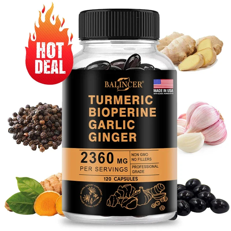 4-in-1 Turmeric Ginger Supplement with Pepperin 2360 Mg with Garlic Curcumin Black Pepper, for Joint, Digestive & Immune Support