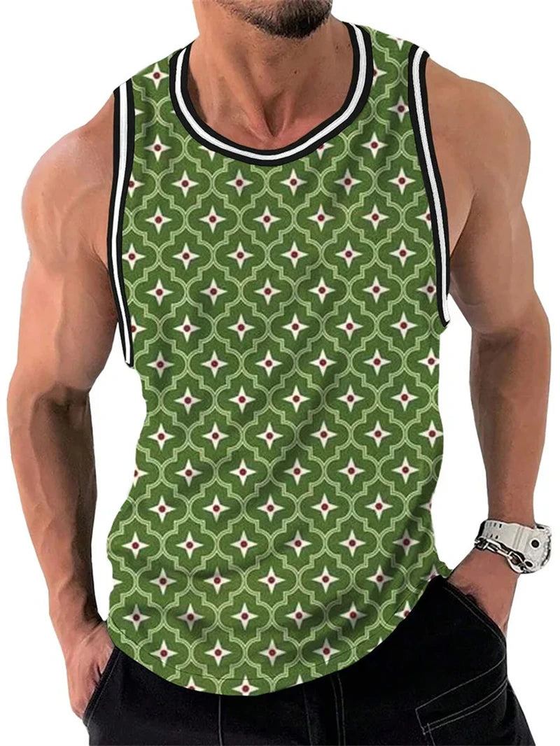 Retro Geometric Graphic Tank Tops For Men Casual Summer Sleeveless 3D Printed Vest Loose Quick Dry Breathable Tees Pullovers