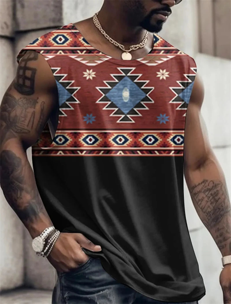 Men's Sleeveless T-Shirts Patterned Colorblocking 3D Printed Y2k Clothing Harajuku Casual Vest Daily Fitness Ethnic Print Tops