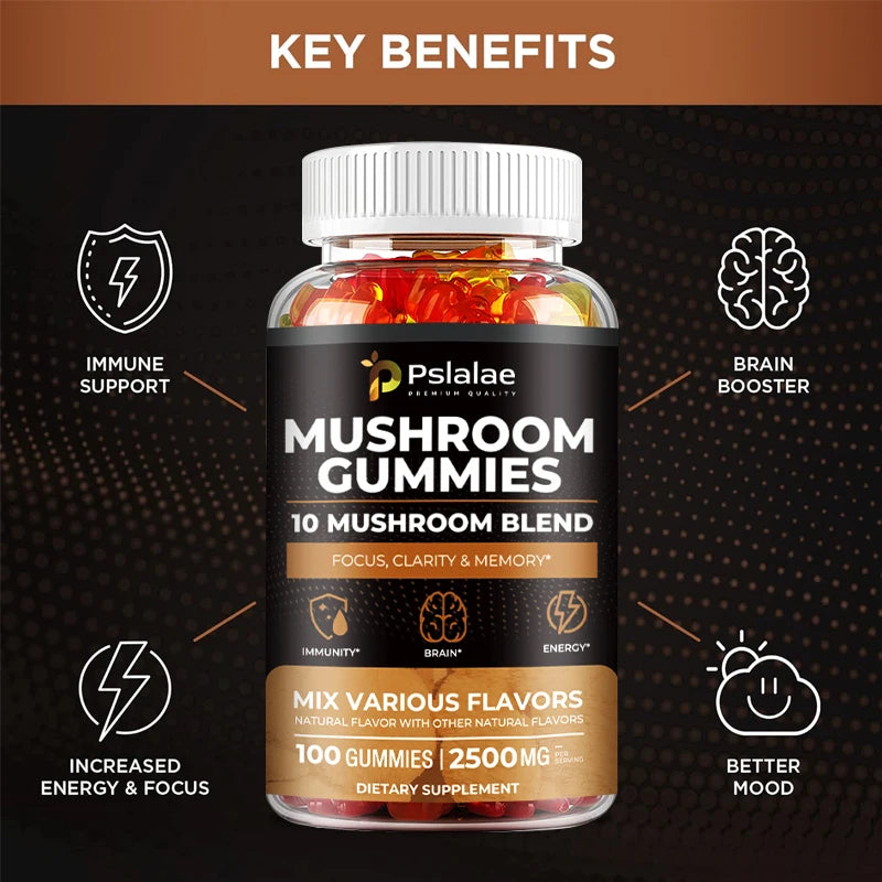 Mushroom Gummies - 10 Mushroom Blend - Natural Stress & Mood Support, Enhance Brain, Memory & Focus, Immune