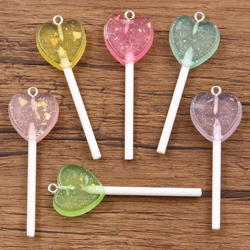 10Pcs Mix Color Size Bling Glitter Heart Round Duck Star Lollipop Resin Charms For Earring Kawaii 3D Keychain Jewelry Making