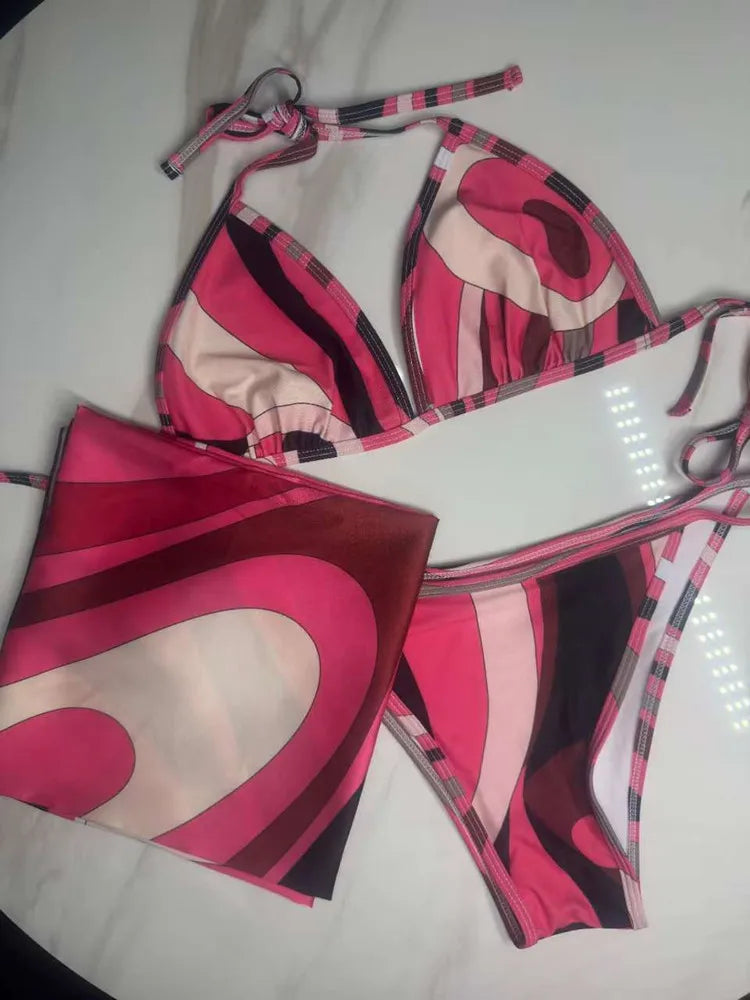Women Swimsuit Split Swimsuit Bikini Striped Geometry Pattern One-Piece Swimsuit
