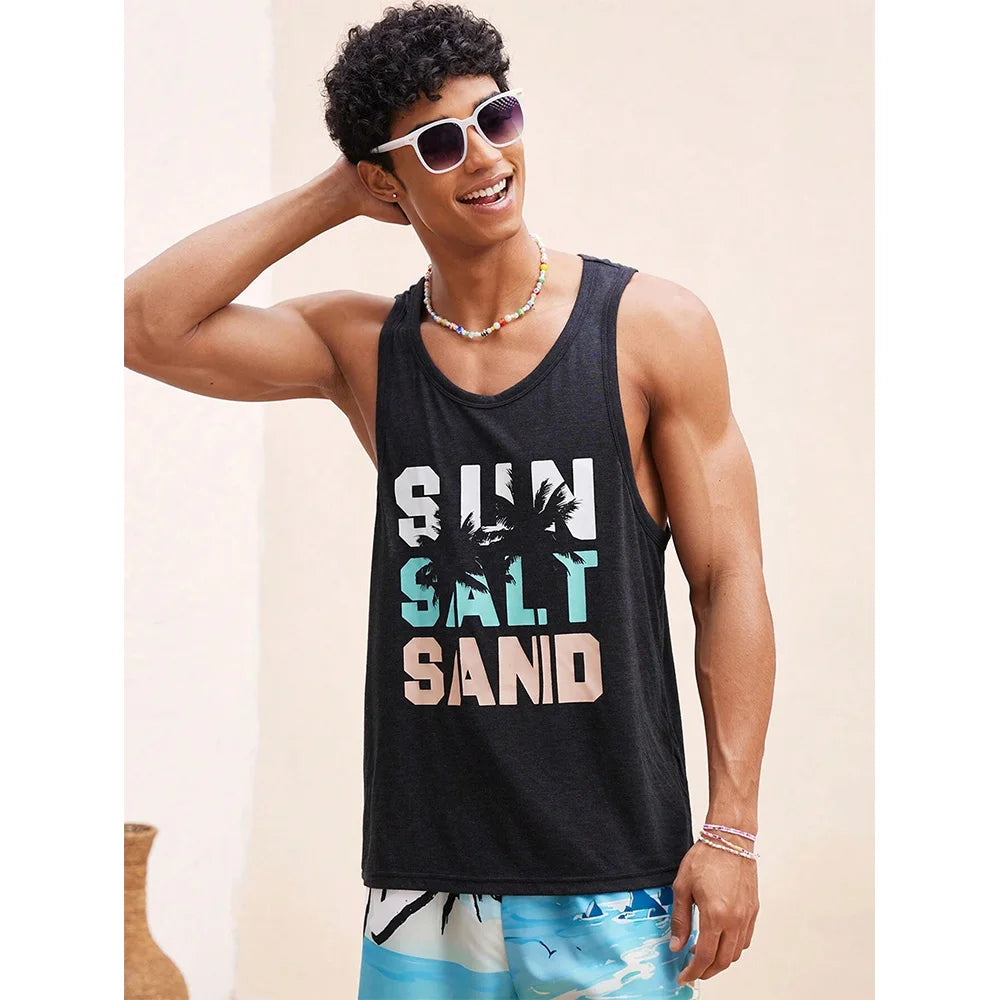 Summer Fresh And Simple Letter Men's Printed Men's Round Neck Vest Harajuku Street Fashion Daily Sports Fitness Breathable Vest