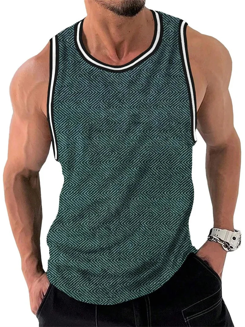 Men's Retro Ethnic Print Crew Neck Tank Top Texture Plaid Stripe 3d Vest Fashion Street Sleeveless Breathable Casual Sport Tops