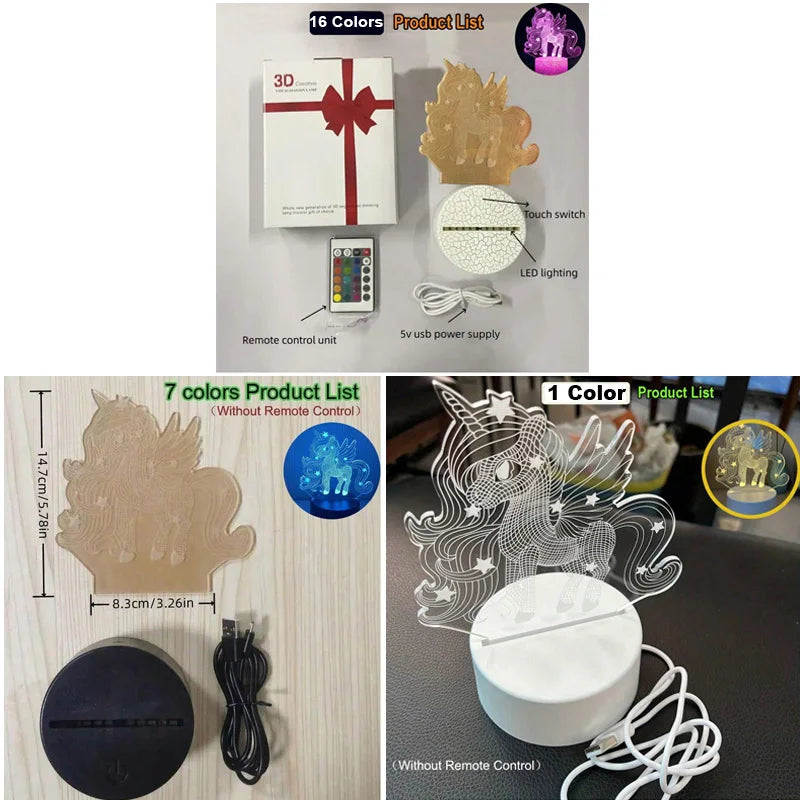 1pc Cute Pony 3D Night Light, With Touch & Remote Control, 16-Color Changing Ambient Light/7-Color /Warm Color For Bedroom