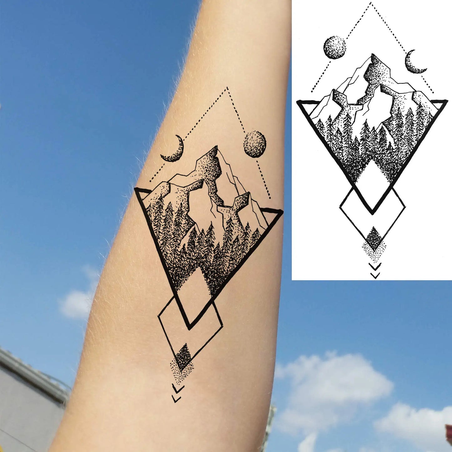 18 Sheets Geometry Mountain Temporary Tattoos For Men Women Adults Fake Waves Tattoo Sticker Black 3D Pine Tree Tatoos Triangle