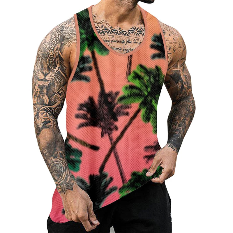 Palm Tree Graphic Tank Top For Men 3D Print Sleeveless Beach Hemp Palm Pattern Tops Paint Vest Hawaii Colorful Pigment T-shirt
