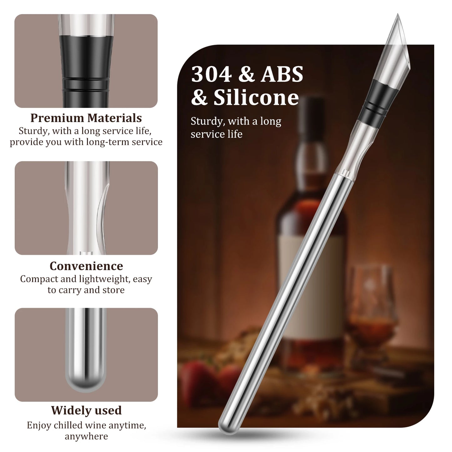Wine Cooling Rod Stainless Frozen Stick Beer Chiller Stick Ice Wine Cooler 4 in 1 Wine Cooling w/ Wine Pourer Stopper Cutter