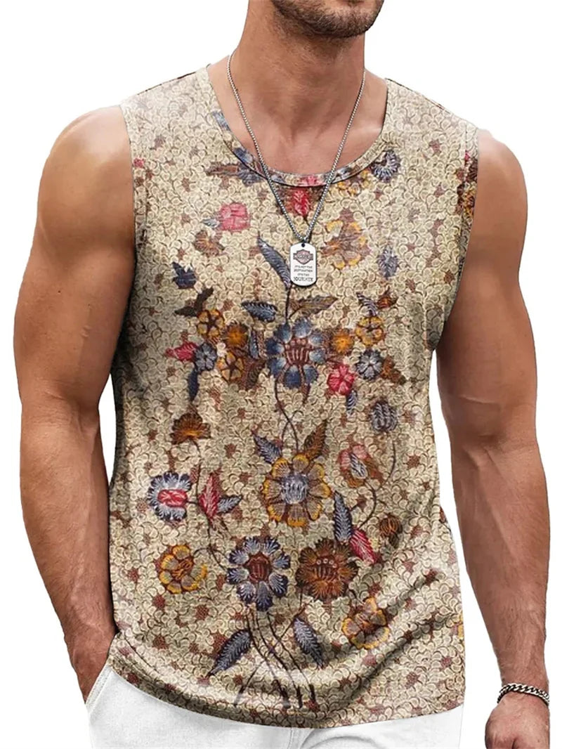 Men's Retro Ethnic Print Crew Neck Tank Top Texture Plaid Stripe 3d Vest Fashion Street Sleeveless Breathable Casual Sport Tops