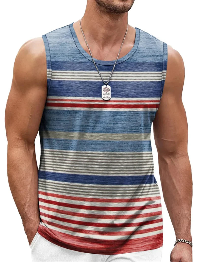 Mens Retro Stripe 3D Printed Tank Tops Fashion Summer Sleeveless Casual Sports Vest Loose Quick Dry Breathable Tees Clothes