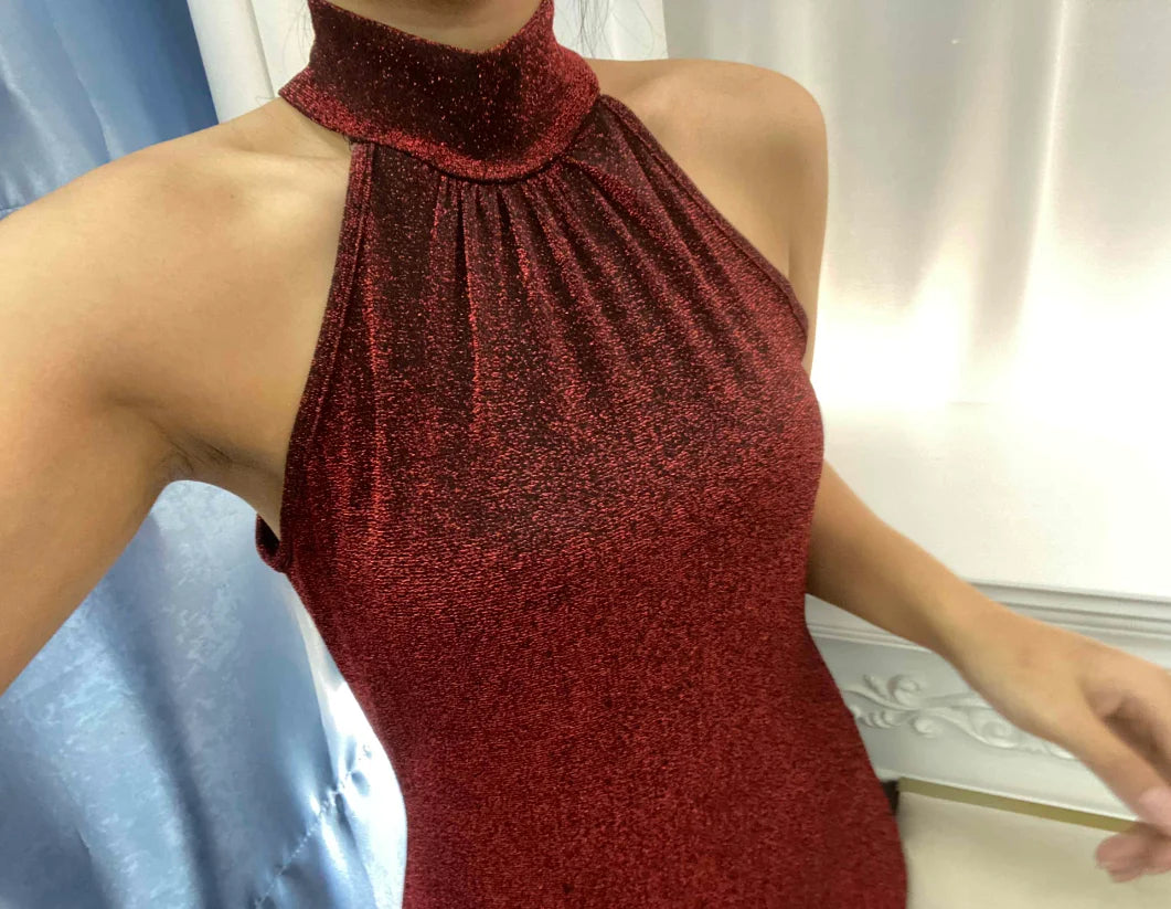 Women High Neck Sleeveless Glitter Bodycon Dress