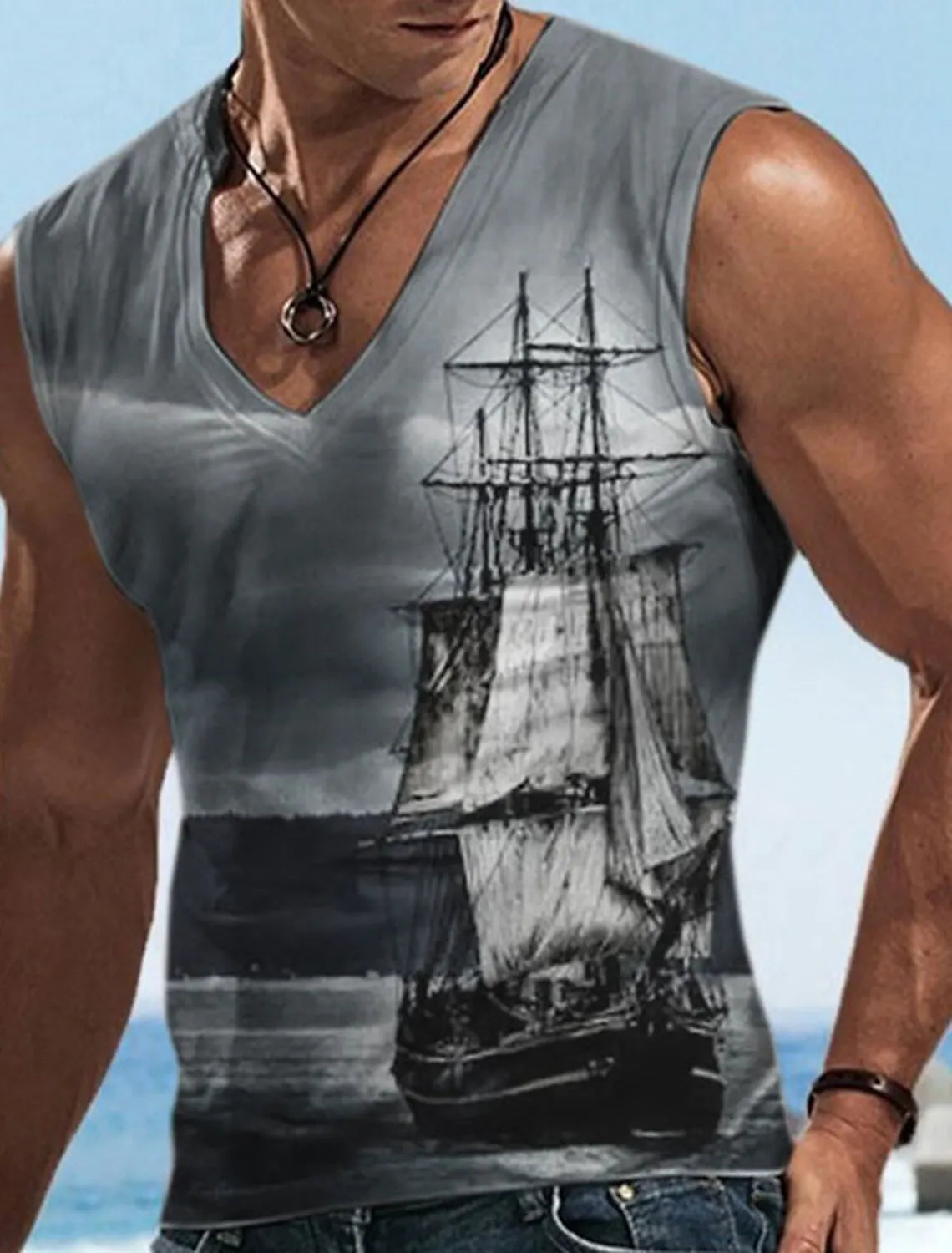 Sailor Suit 3D Ship Print T Shirt Men's Quick Dry Sleeveless Tank Top Oversized Fitness Sports Shirt Men's Design Clothing