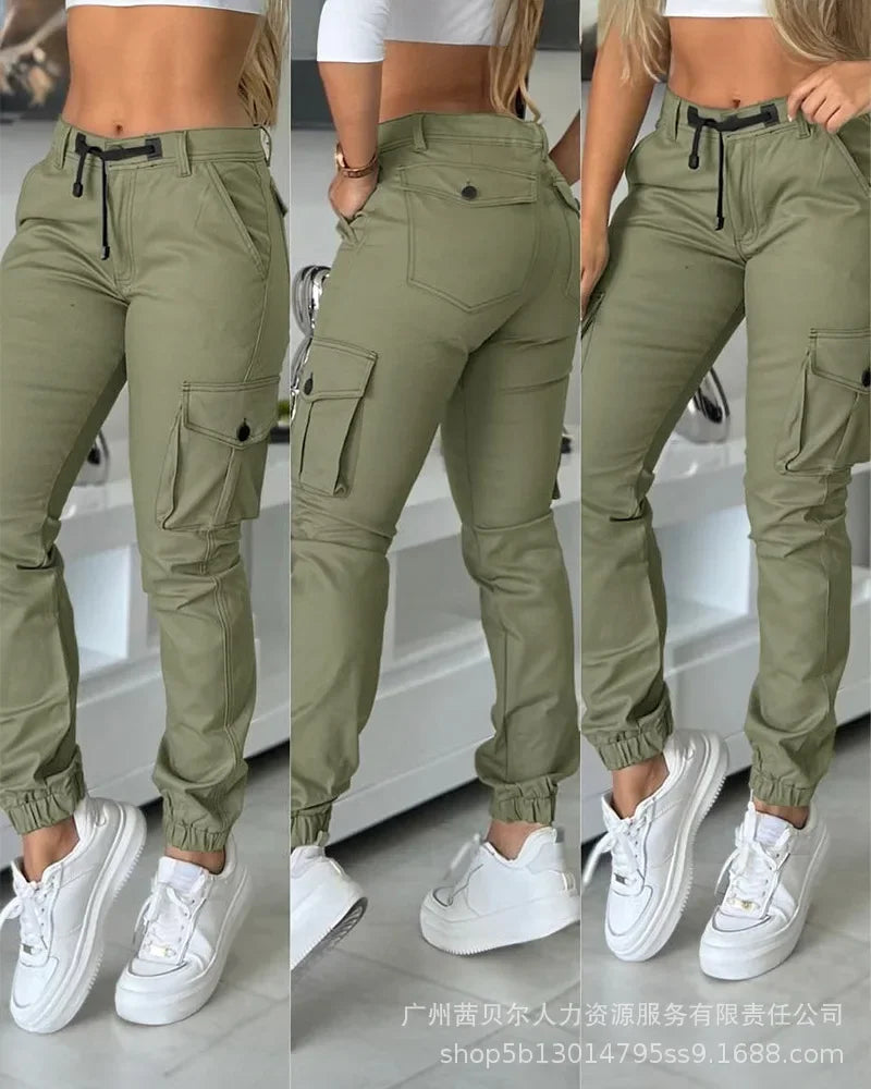 Women High Waist Multiple Pockets Design Cuffed Cargo Pants Slim Fit Trousers Pants Y2K