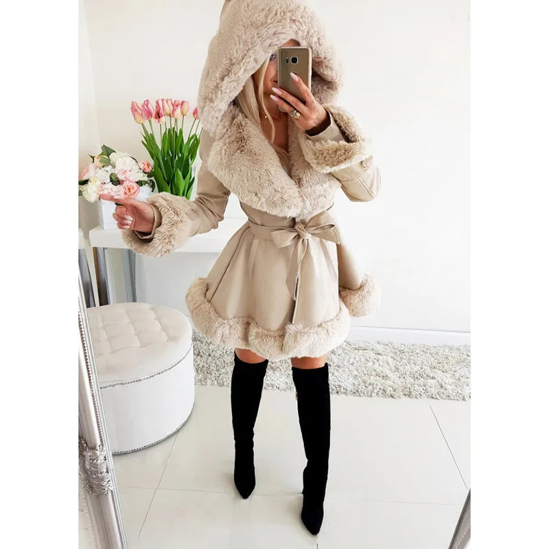 Imitation Rabbit Skin Coat With hat Women Winter Jacket Plus Size Lace-UP Waist Warm Long Jacket High Quality Female Plush Coat