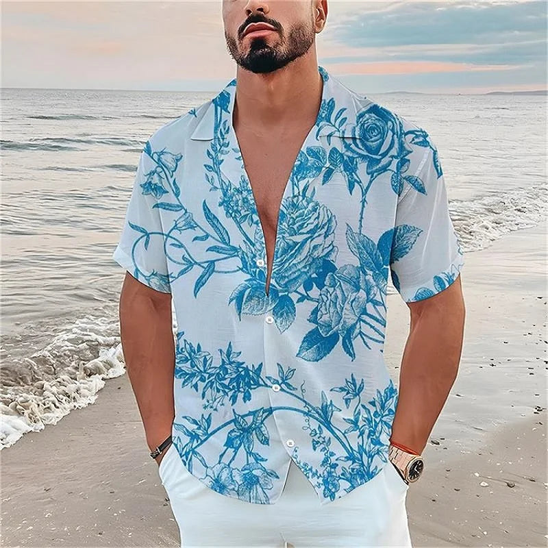 Summer men's casual short sleeved shirt Beach Plant flower 3D printed Hawaiian lapel 2024 New