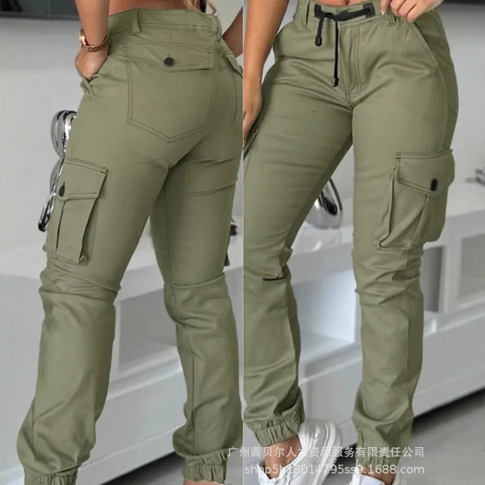 Women High Waist Multiple Pockets Design Cuffed Cargo Pants Slim Fit Trousers Pants Y2K