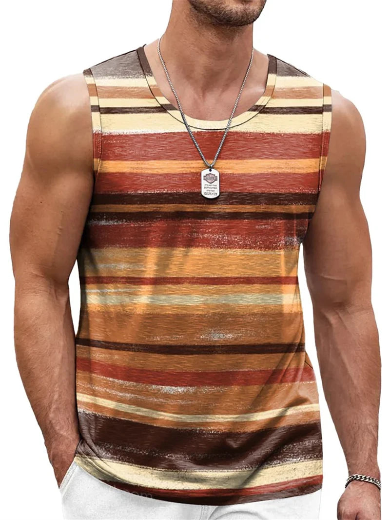 Retro Striped Graphic Tank Tops For Men Fashion Casual Summer Sleeveless 3D Printed Vest Loose Crew Neck Quick Dry Sports Tees