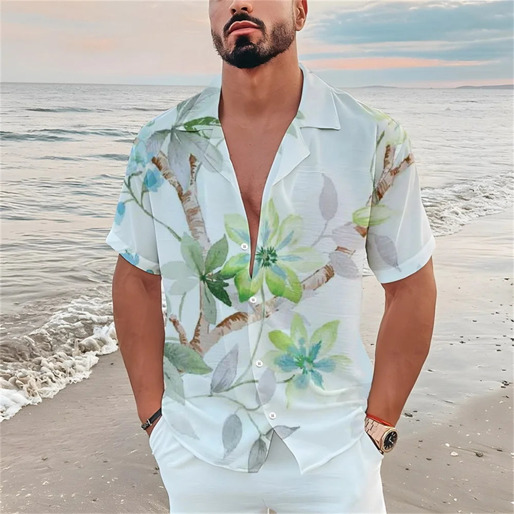 Summer men's casual short sleeved shirt Beach Plant flower 3D printed Hawaiian lapel 2024 New