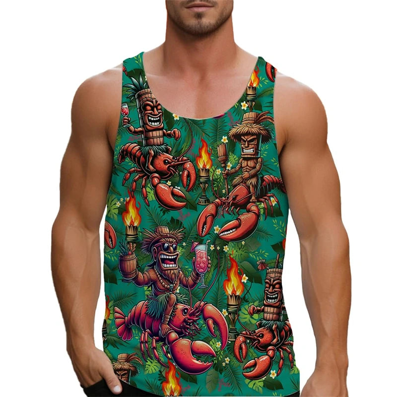 2025 Men's Tank Top Big Lobster Print Hawaiian Men's Casual Vest Comfortable Men's Sleeveless T Shirt Funny Undershirt Unisex