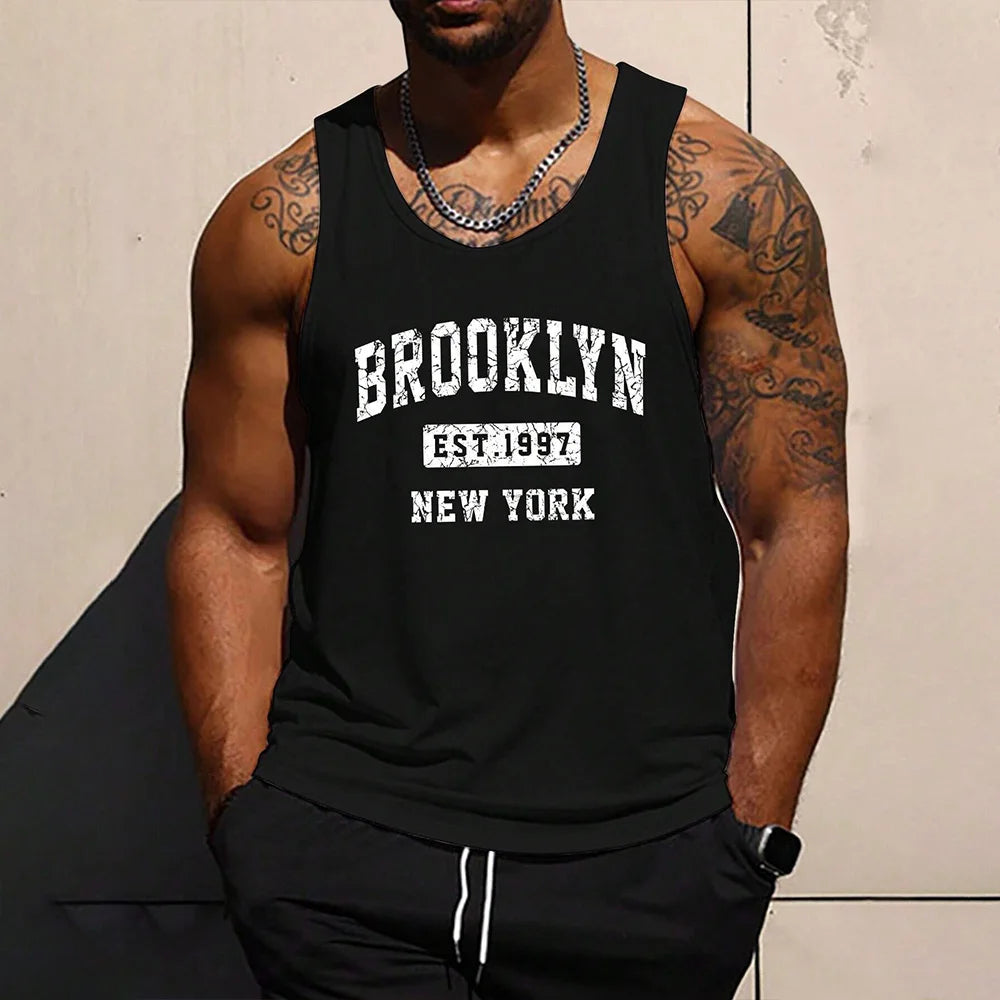 Summer Fresh And Simple Letter Men's Printed Men's Round Neck Vest Harajuku Street Fashion Daily Sports Fitness Breathable Vest