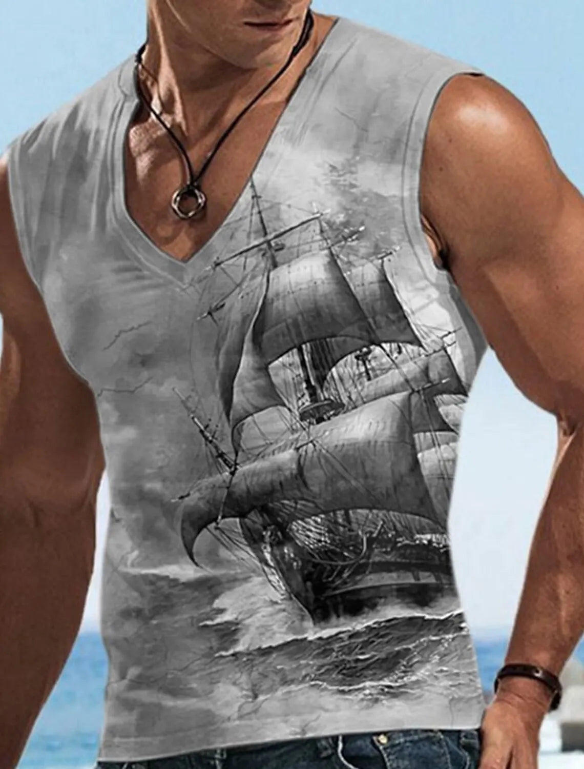 Sailor Suit 3D Ship Print T Shirt Men's Quick Dry Sleeveless Tank Top Oversized Fitness Sports Shirt Men's Design Clothing