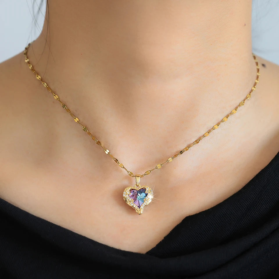 ZAKOL Gorgeous Colorful Zircon Love Heart Pendant Necklace For Women Fashion Stainless Steel Neck Chain Jewelry Gift
