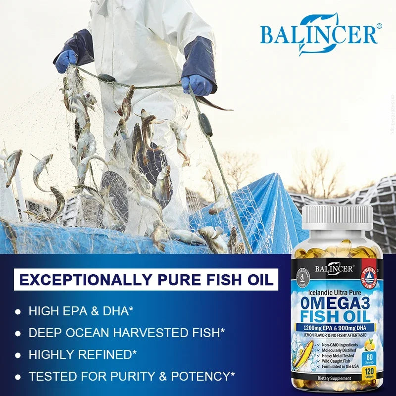 Omega 3 Fish Oil Capsules - Ultra-Pure Supplement - Promotes Joint, Eye, Skin Health, Supports Fatty Acids, Immune Support