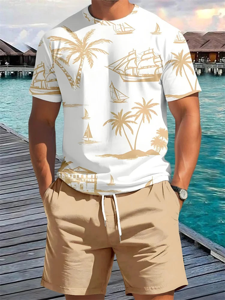 2 Piece Summer Casual Everyday Men's Short Sleeve Shorts Set Hawaiian Print Men's T-shirt Outdoor Sports Men's Beach Shorts