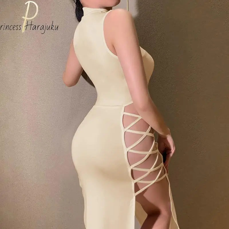 Y2k Evening Dress Halter Vest New Summer Dress Elegant Sexy Simple Black Sleeveless Bandage Sexy High Slit Bandage Maxi Dress