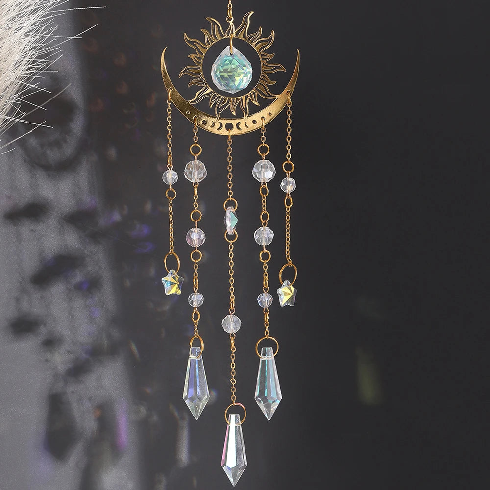 1PC Gold Flame Moon Crystal Pendant Sun Catcher Outdoor Garden Hanging Ornament Room Ceiling Hanging Ornament